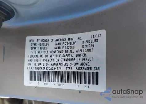 2013 Honda Accord Lx из США, поврежденный, VIN 1HGCR2F33DA054474